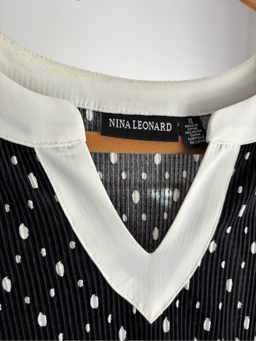 Nina Leonard Black Polka Dot Pleated V-Neck Dress with White Trim